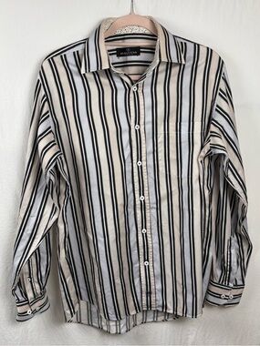 Bugatchi Men’s Medium Beige, Black and White Vertical Stripe Dress Shirt